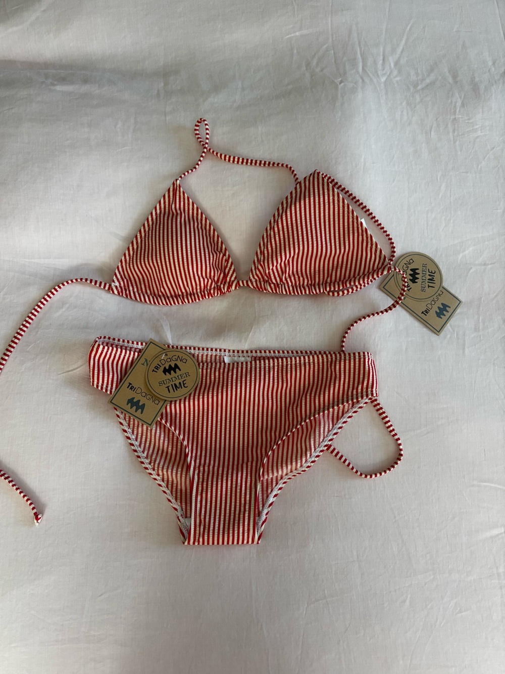 Tri Dagna Womens Red and White Stripe Triangle Bikini - M